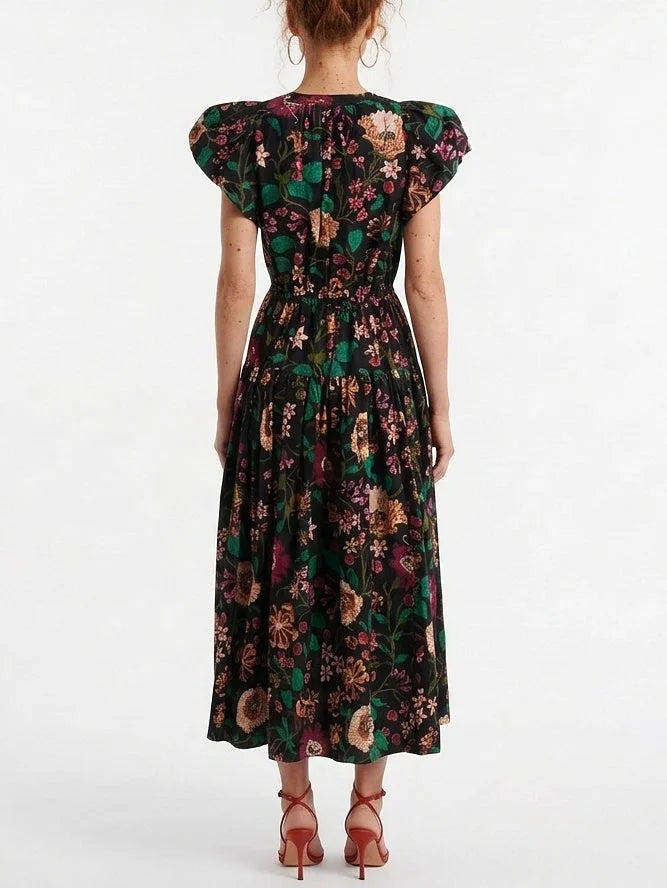 Multicolor Floral Cotton Midi Dress with Flutter Sleeves - Dresses