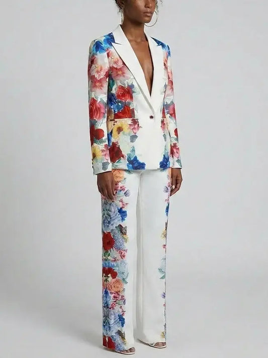 Multicolor Floral Print Blazer and Pants Set - Suits & Sets