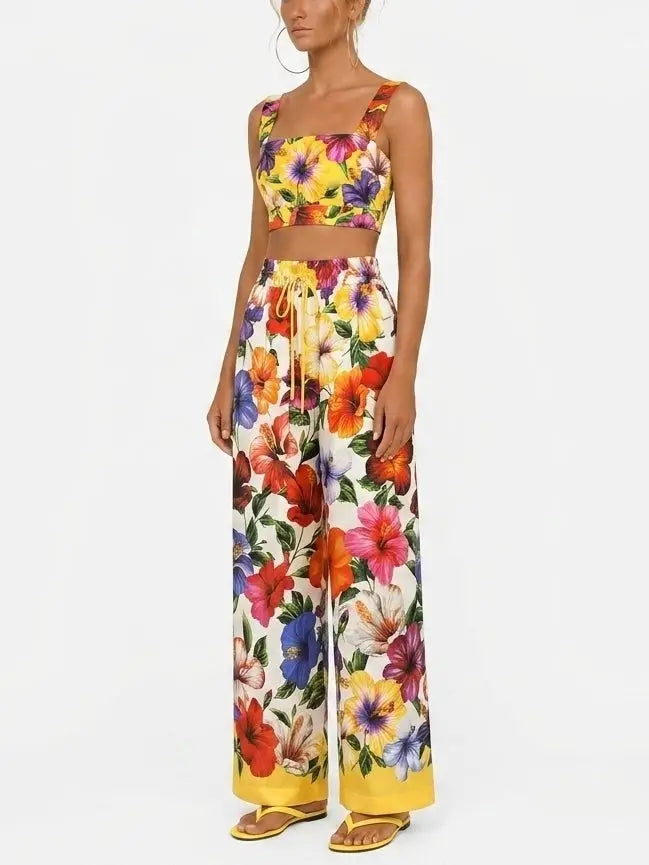 Multicolor Floral Silk Crop Top and Wide Leg Pant Set - Suits & Sets