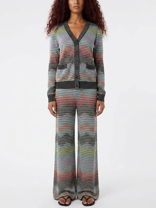 Multicolor Knit Cardigan and Wide Leg Pant Set - Suits & Sets