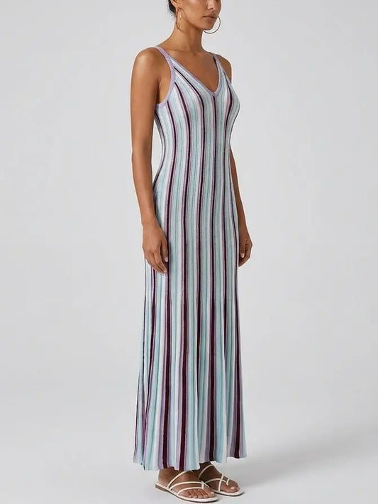 Multicolor Stripe Knit Maxi Dress with V Neck - Dresses