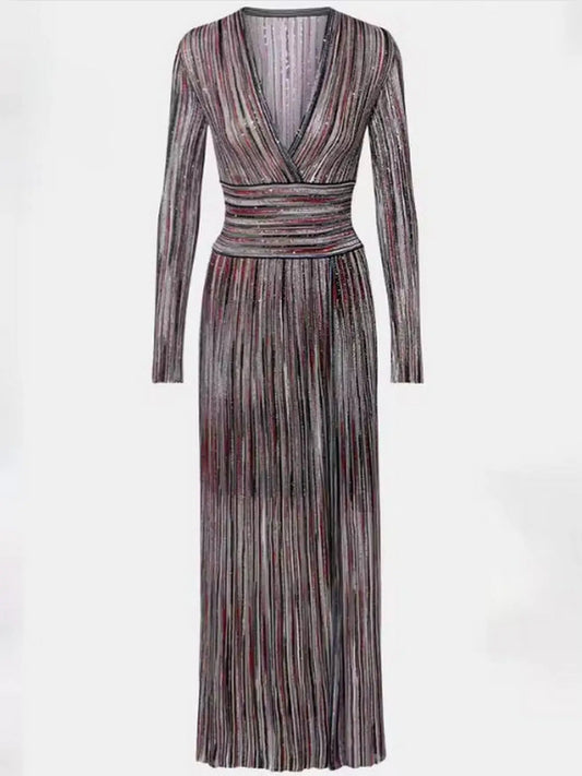 Multicolor Striped Lamé Knit V-Neck Maxi Dress - Dresses