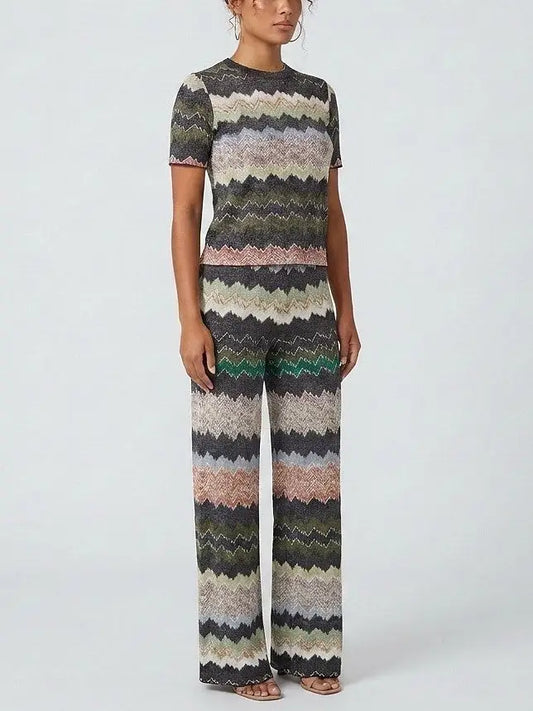 Multicolor Zigzag Knit Top and Wide Leg Pants Set - Suits & Sets