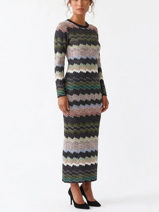 Multicolor Zigzag Stripe Long Sleeve Knit Maxi Dress - Dresses