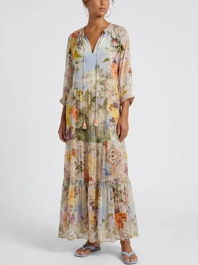 Multicolored Floral Silk Maxi Dress with Tassel Ties - Dresses