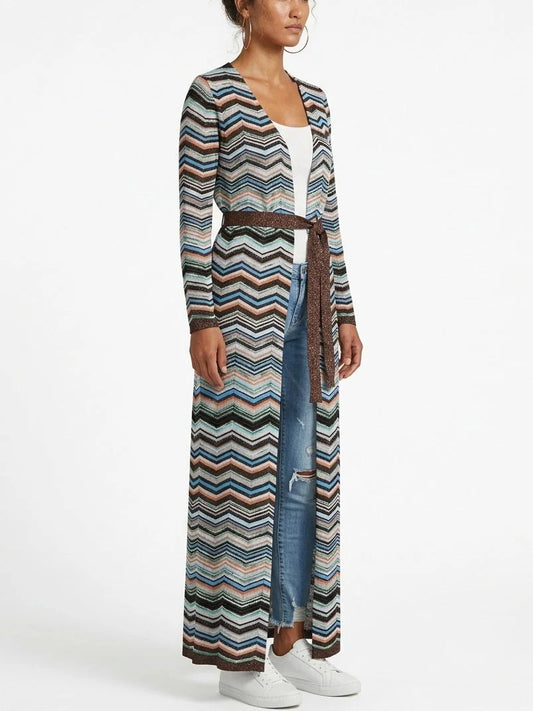 Stirrups Printed Long Belted Cardigan - Sweaters & Knitwear