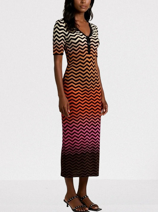 Multicolored Zigzag Knit V Neck Midi Dress Dresses