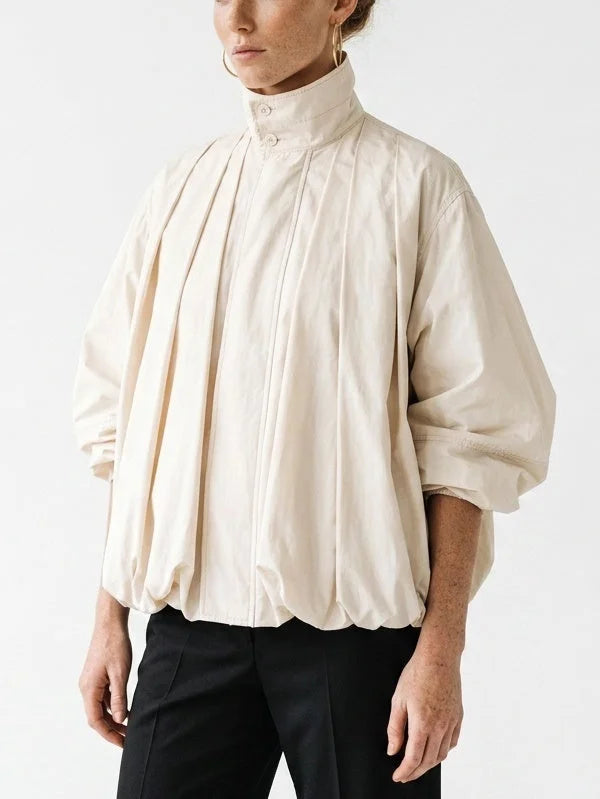 Natural Cotton High-Neck Pleated Jacket - Jackets
