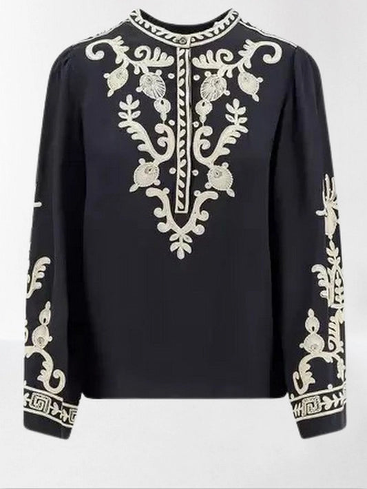 Navy Crepe Blouse with Contrast Embroidery - Tops