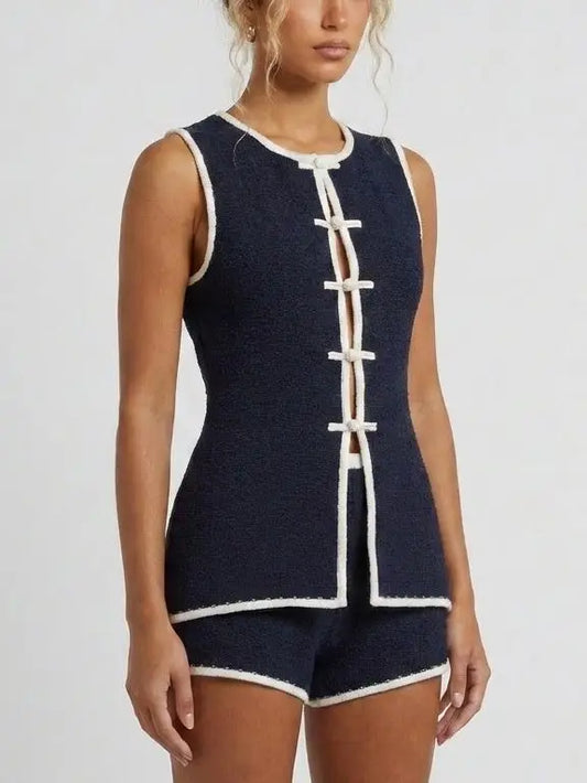 Navy Knit Vest Top and Shorts Set - Suits & Sets