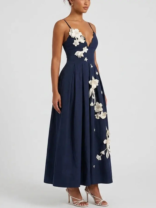 Navy Linen Maxi Dress with 3D Floral Embroidery - Dresses