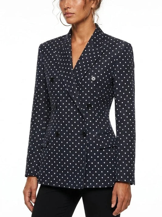 Navy Polka Dot Double Breasted Tailored Blazer - Jackets