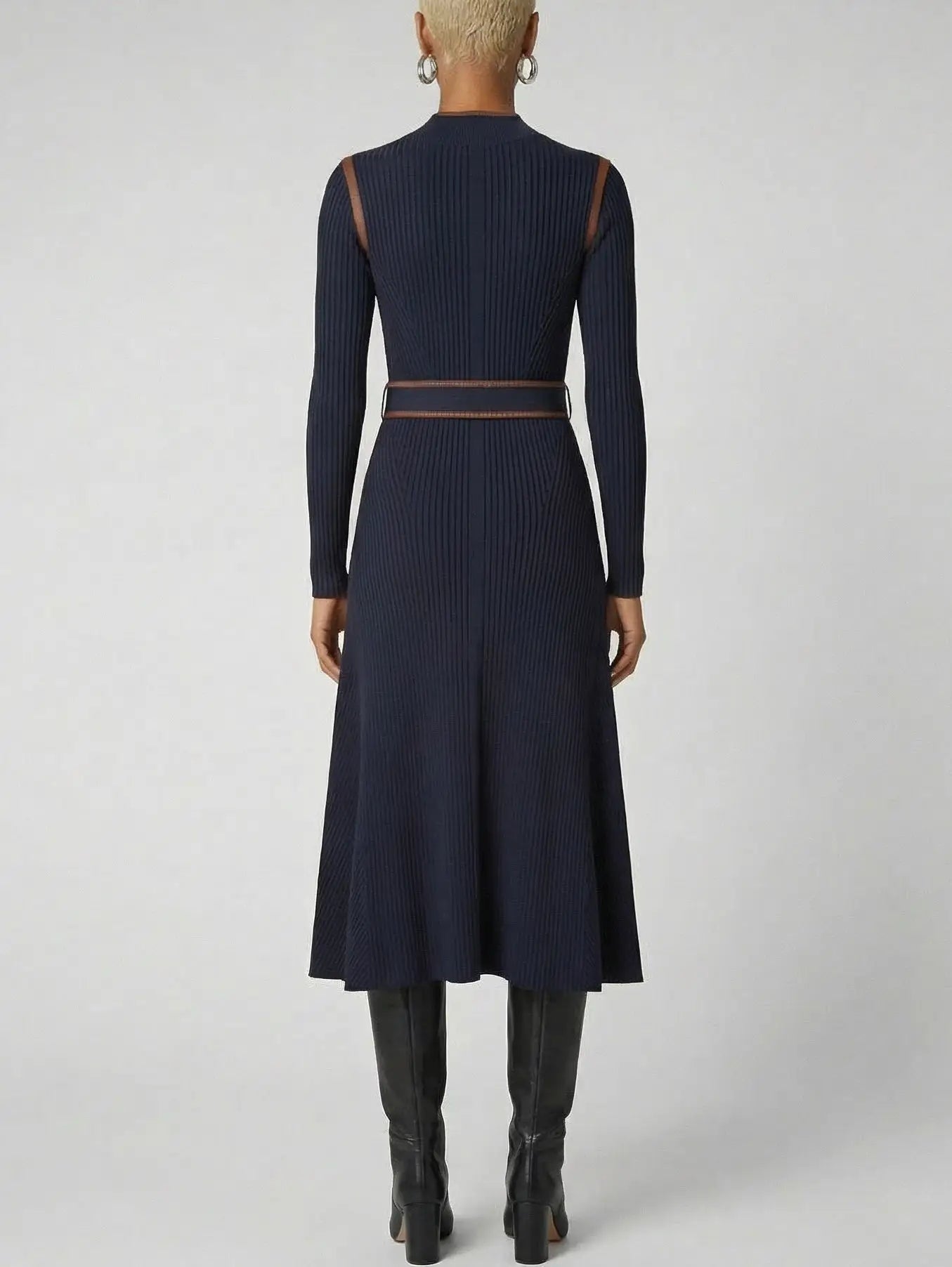 Navy Ribbed Knit Midi Dress with Brown Contrast Trim - Dresses