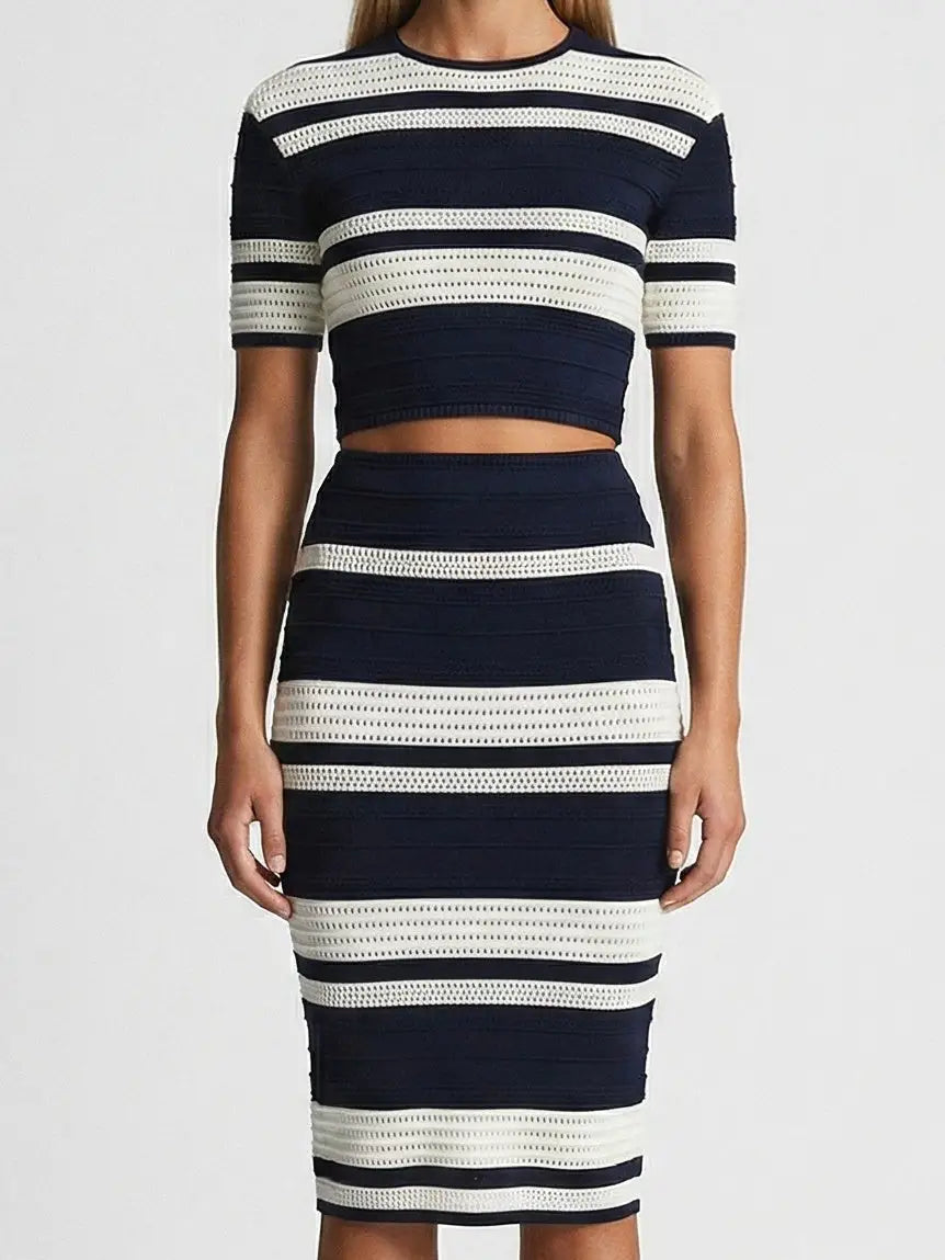 Navy & Ivory Striped Knit Crop Top and Midi Skirt Set - Suits & Sets