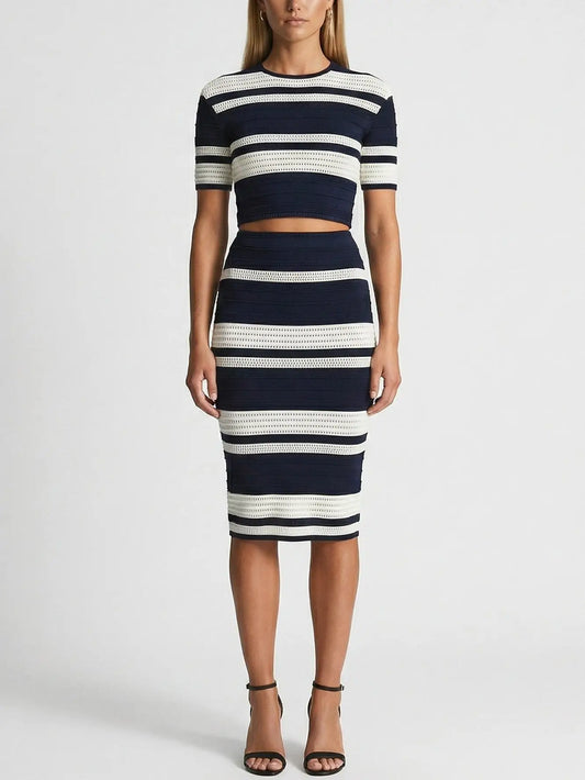 Navy & Ivory Striped Knit Crop Top and Midi Skirt Set - Suits & Sets