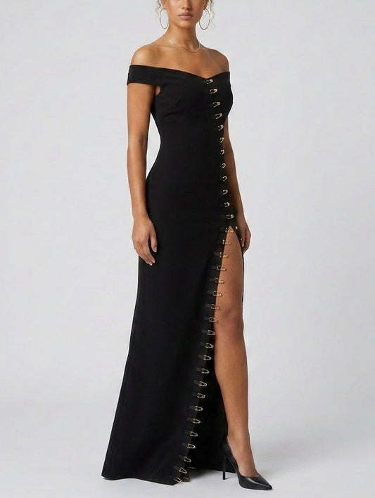 Off-Shoulder Buckle Detail Maxi Dress - Dresses