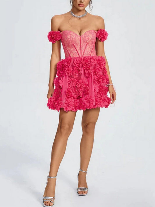 Off-Shoulder Corset Dress with Floral Appliques - Dresses
