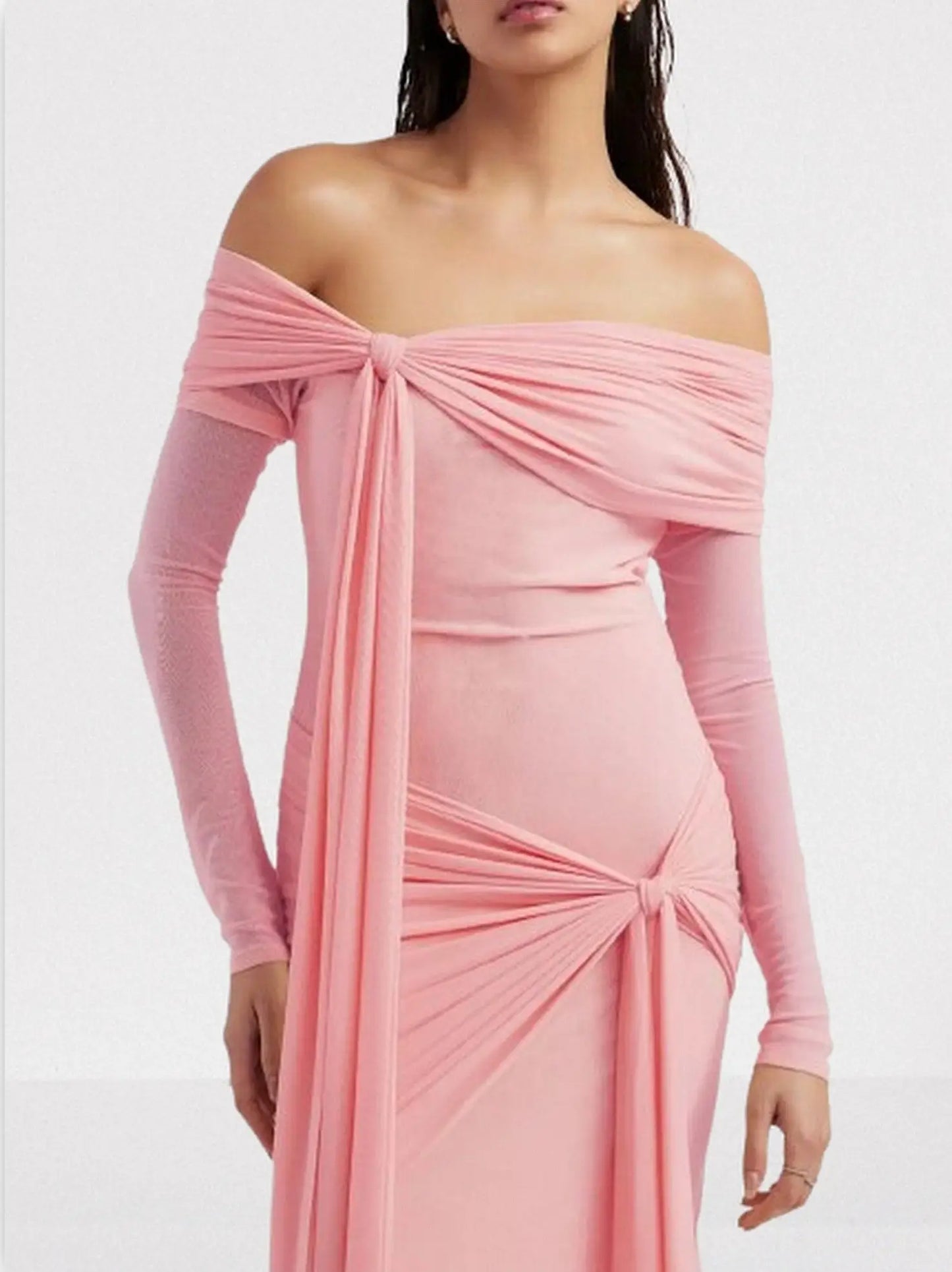 Off-Shoulder Draped Gown with Knotted Detail - Dresses