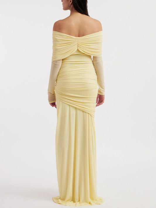 Off-Shoulder Draped Yellow Gown - Dresses