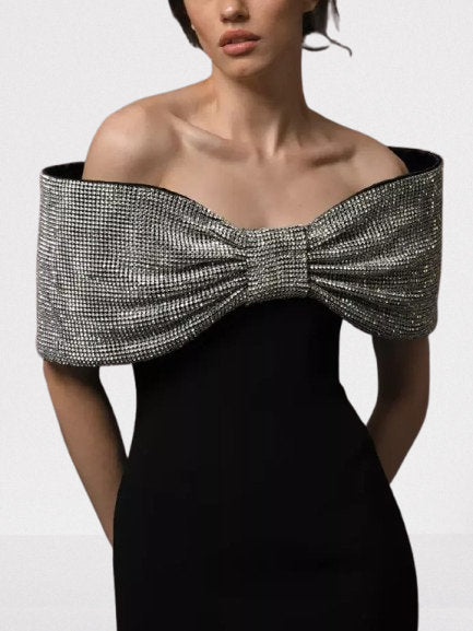 Off-Shoulder Large Crystal-Embellished Bow Black Gown