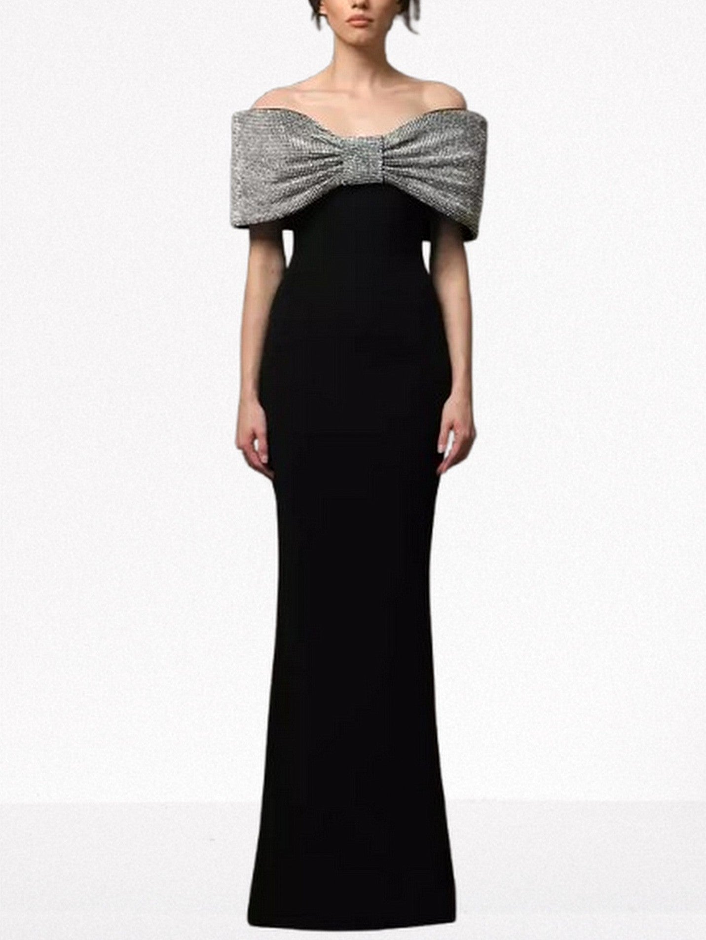 Off-Shoulder Large Crystal-Embellished Bow Black Gown