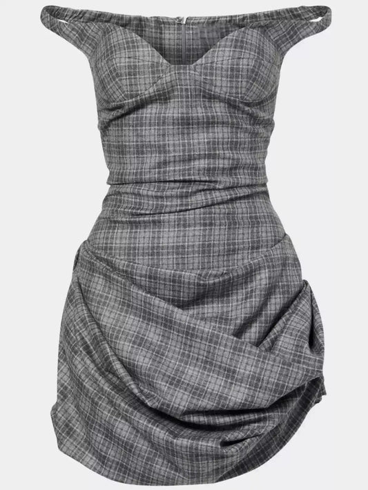 Off-Shoulder Plaid Ruched Mini Dress - Dresses