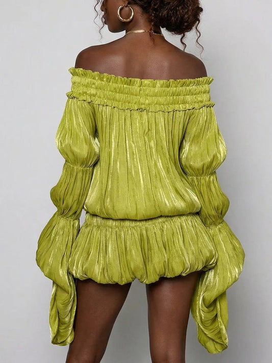 Off-Shoulder Pleated Bubble Mini Dress - Dresses