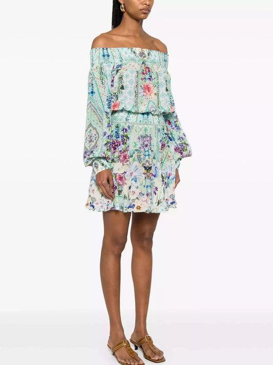 Off-Shoulder Printed Blouson Shirred Mini Dress - Dresses