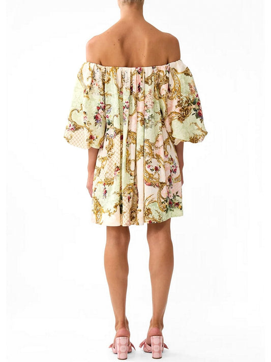 Off-Shoulder Puff-Sleeve Dress in Framed Floral Print - Dresses