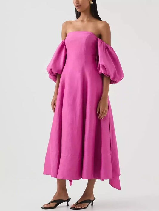 Off-Shoulder Puff-Sleeve Midi Dress in Magenta - Dresses
