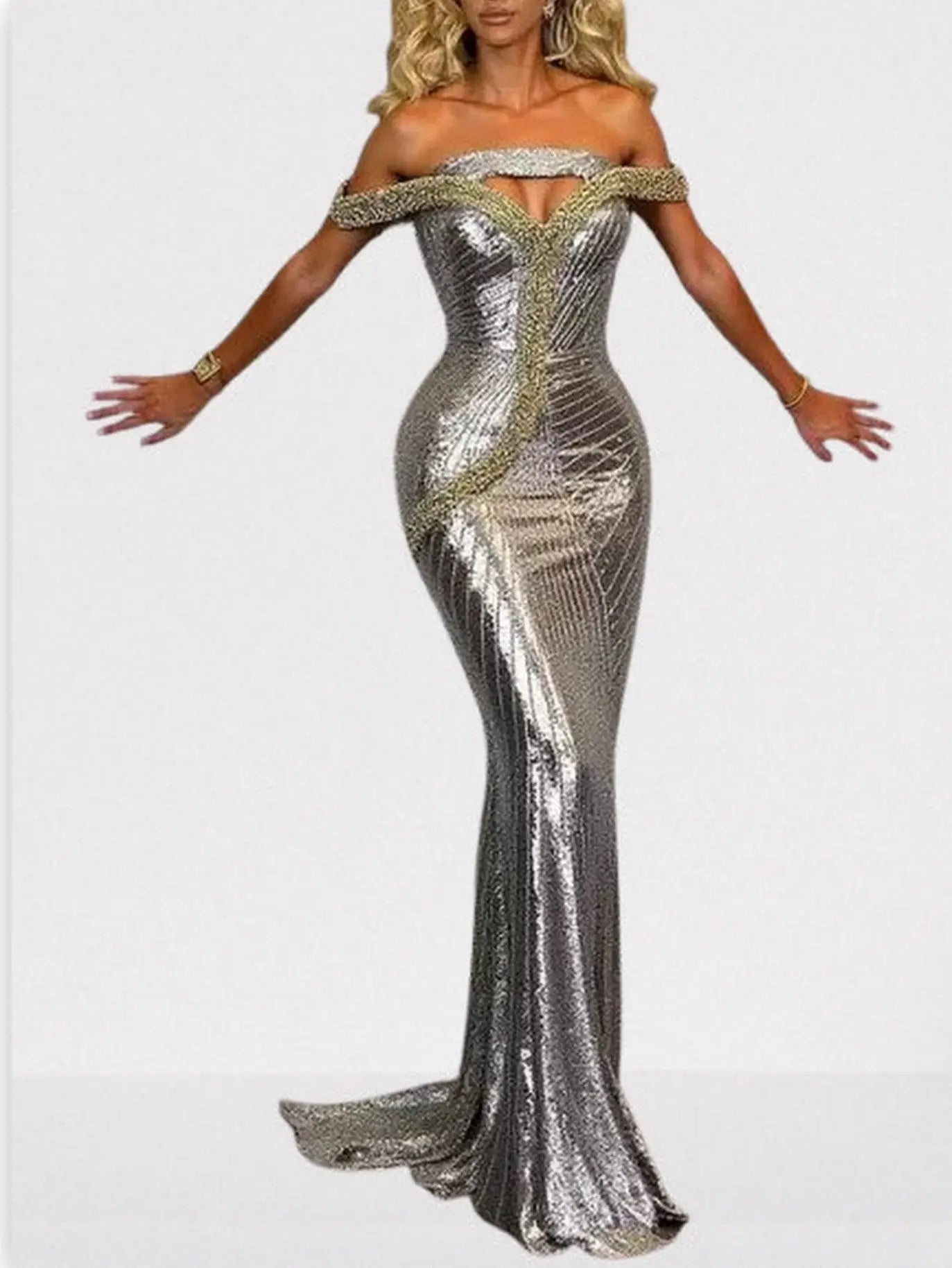 Off-Shoulder Sequin and Crystal Embellished Gown - Dresses