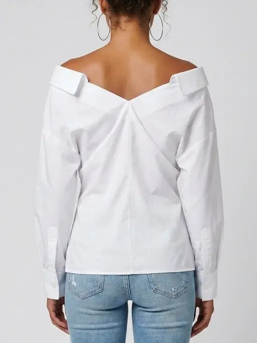 Off-Shoulder White Cotton Structured Shirt - Tops