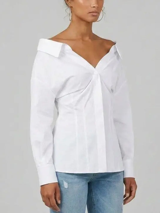 Off-Shoulder White Cotton Structured Shirt - Tops