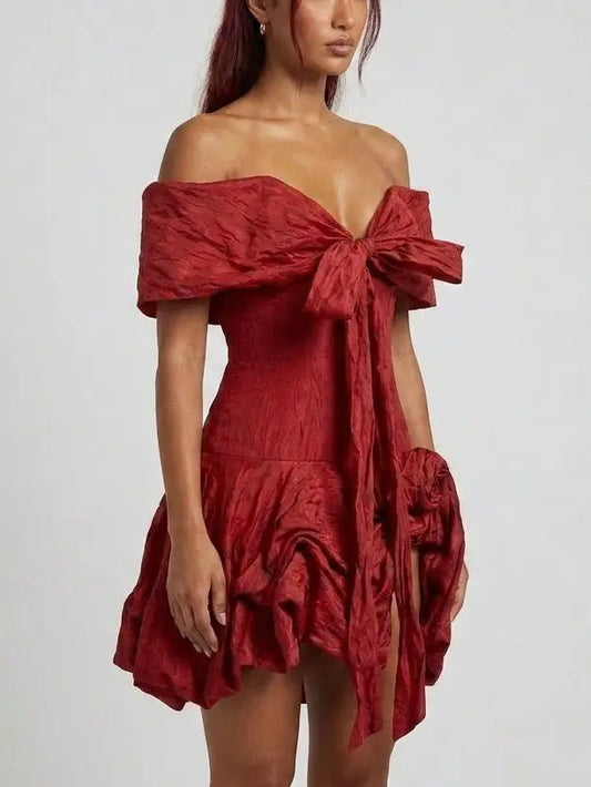 Off Shoulder Bow Front Mini Dress with 3D Floral Details - Dresses