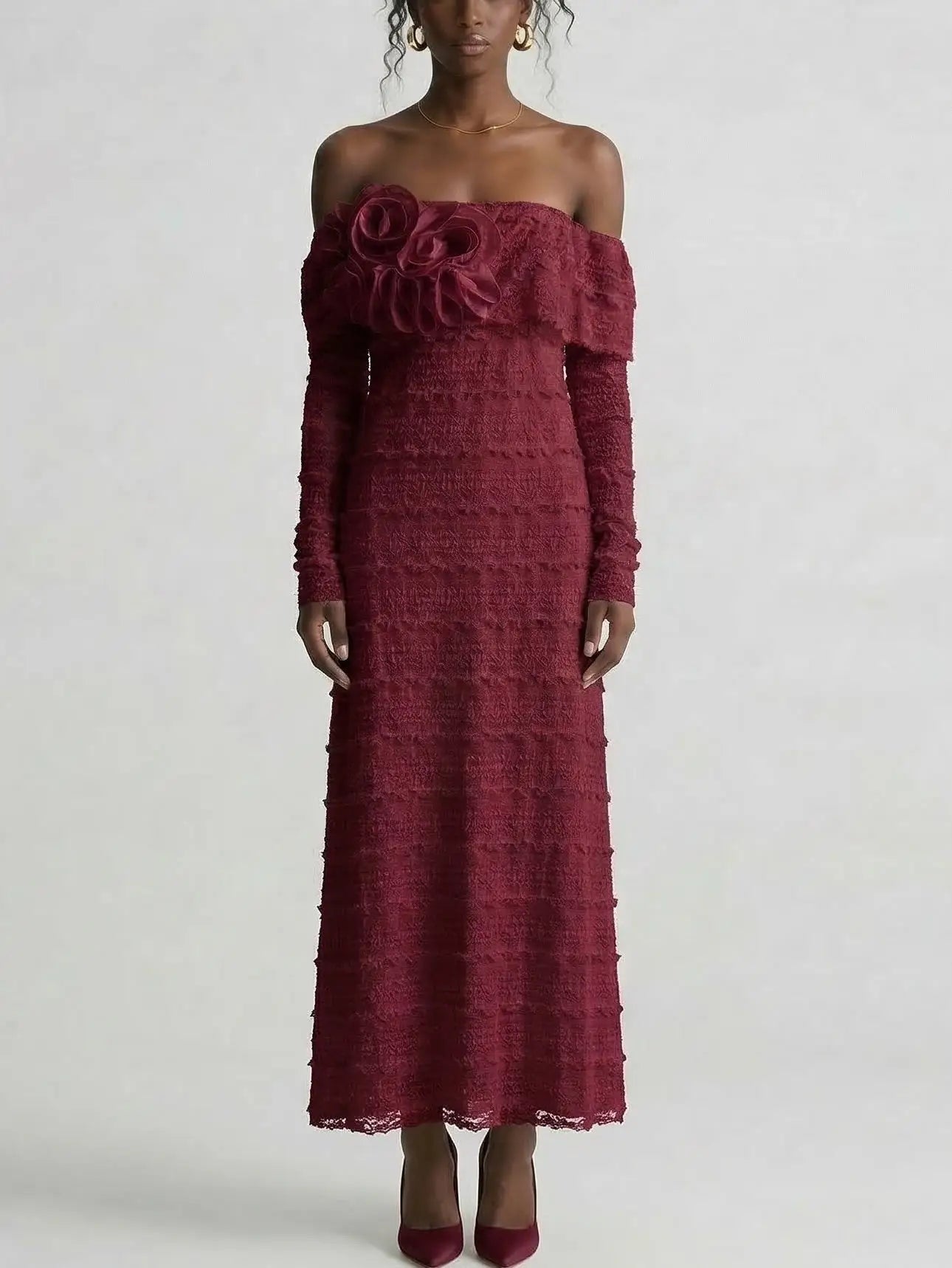 Off Shoulder Floral Appliqué Knit Midi Dress - S / Burgundy - Dresses