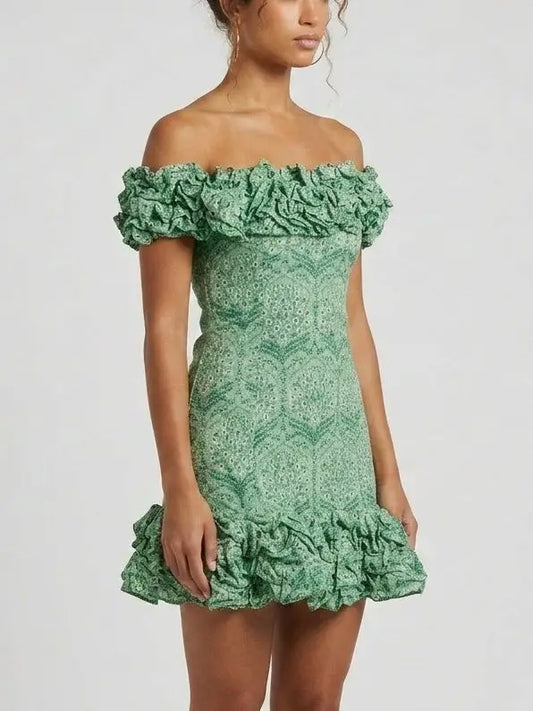 Off Shoulder Ruffle Trim Linen Mini Dress - Dresses
