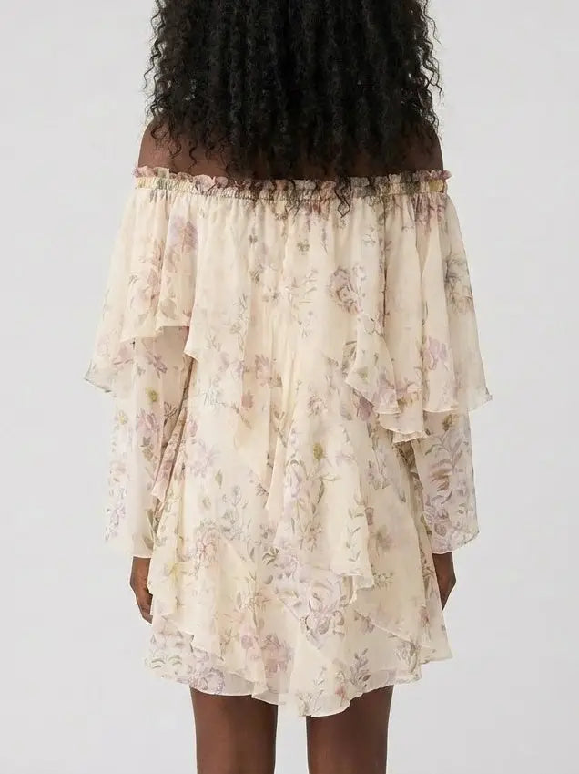Off Shoulder Tiered Floral Silk Mini Dress - Dresses
