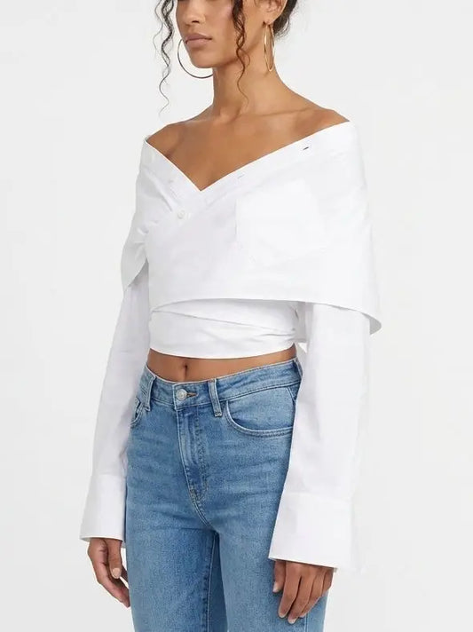 Off Shoulder Wrap Tie Waist Cotton Shirt - Tops