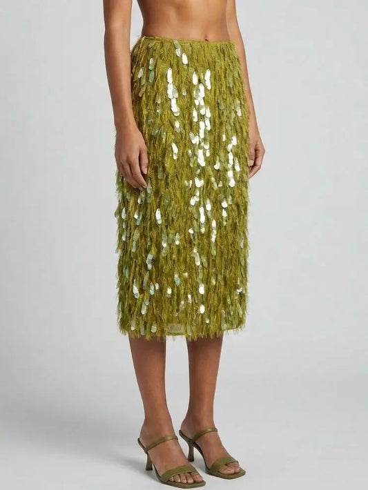 Olive Fringe Paillette Embellished Midi Skirt - Skirts