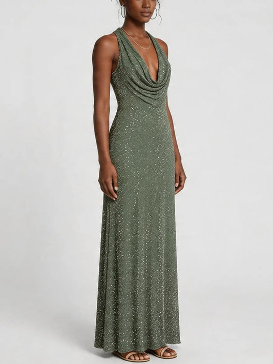 Olive Green Crystal Cowl Neck Maxi Dress - Dresses