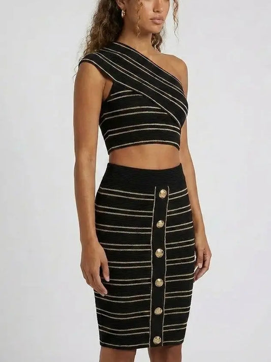 One-Shoulder Black Knit Top and Skirt Set - Suits & Sets