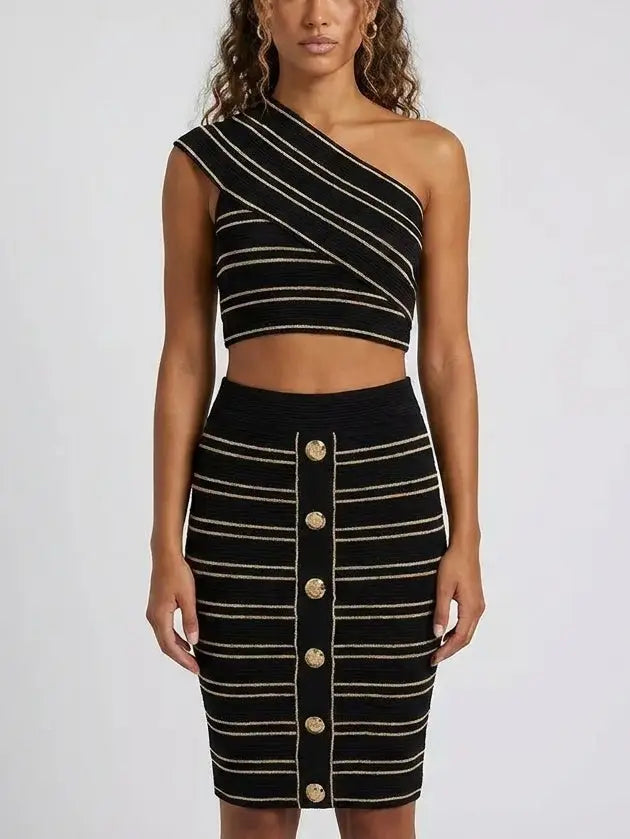 One-Shoulder Black Knit Top and Skirt Set - Suits & Sets