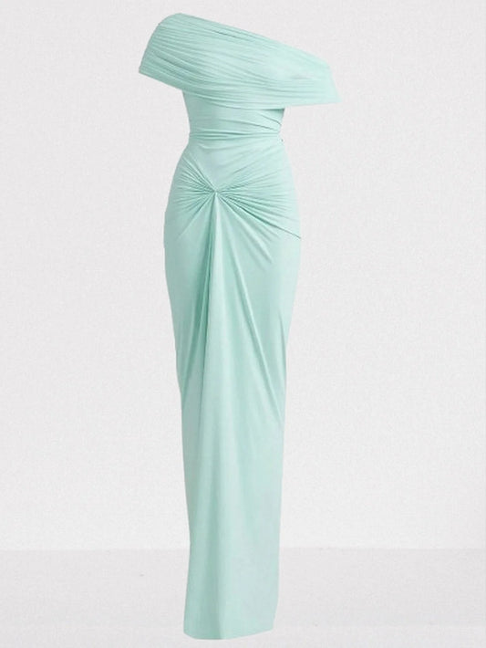 One-Shoulder Gathered Gown in Mint Green - Dresses