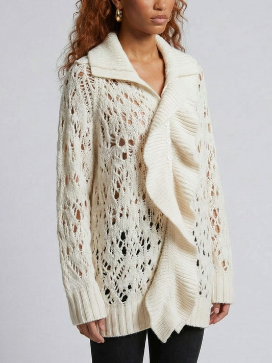 Open-Knit Ruffle-Trim Fold-Over Collar Sweater