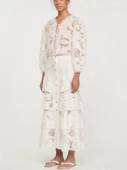 Openwork Tie Neck Blouse and Tiered Maxi Skirt Set - Suits & Sets