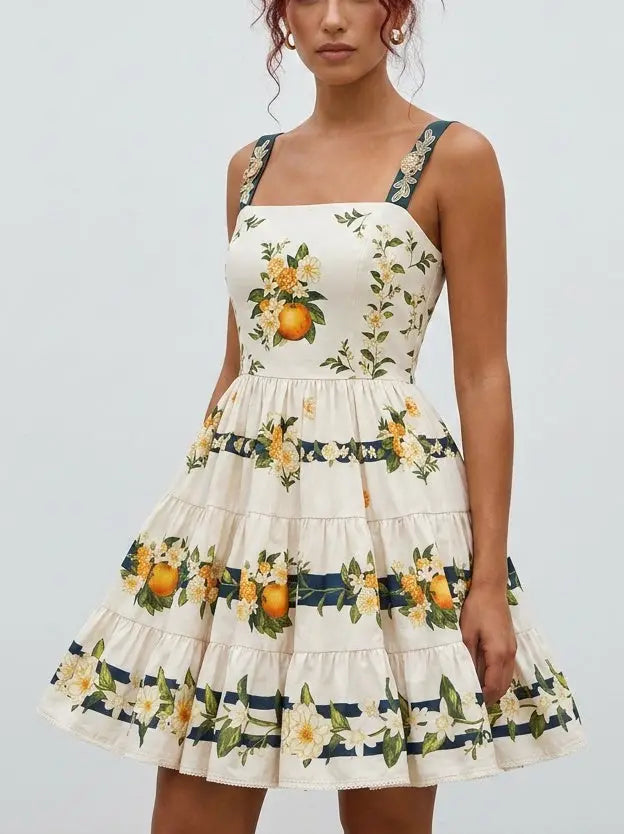 Orange Blossom Floral Cotton Tiered Mini Dress - Dresses