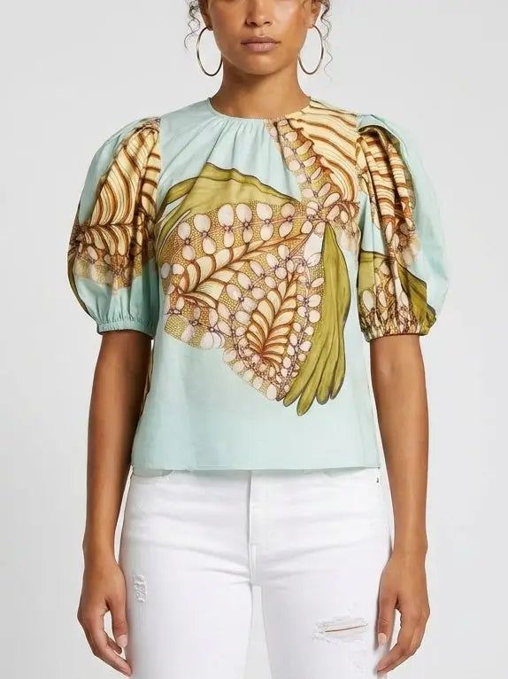 Ornamental Print Puff Sleeve Cotton Blouse - Tops