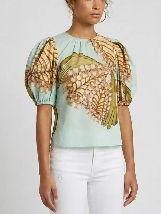Ornamental Print Puff Sleeve Cotton Blouse - Tops