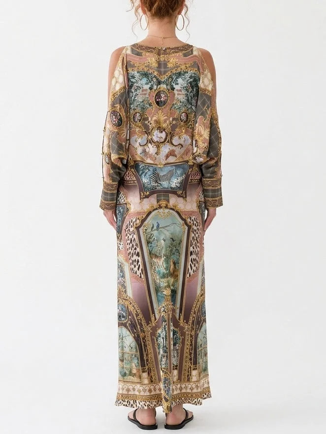 Long Printed Silk Shirt Dress with Fitted Waist - Dresses