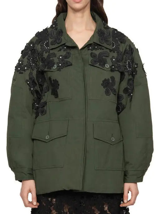 Oversize Embroidered Green Cargo Jacket - Jackets